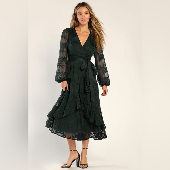 Lulus Dresses & Skirts - NWT Lulus Spectacular Feeling Emerald Embroidered Faux Wrap Midi Dress - Small